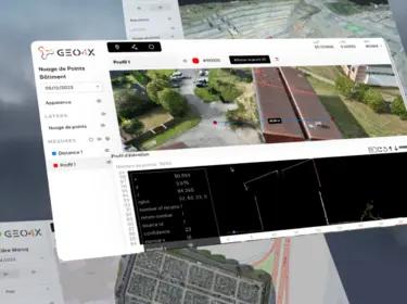 Software displaying a building cross-section to analyze deformations and verticality.