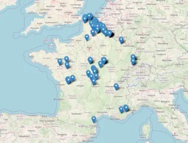Carte de France avec marqueurs pour localiser des projets de cartographie, topographie, inspection, modélisation 2D et 3D.