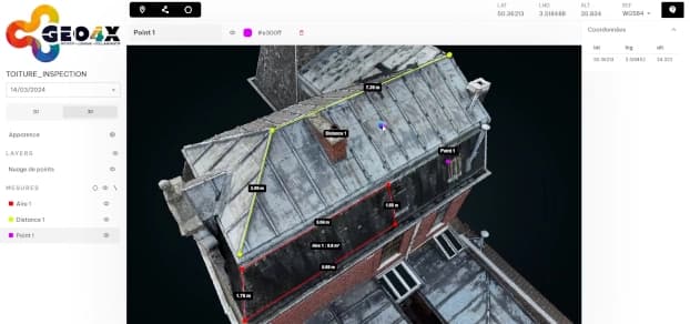 Mesures instantanées sur une couverture en zinc via un logiciel spécialisé.