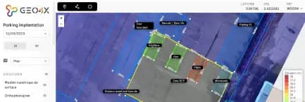 Capture d’écran montrant des mesures multiples sur un orthophotoplan et un raster d’élévation, facilitant l’analyse géospatiale.