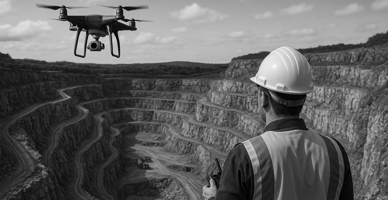 Aerial drone view of a quarry with photogrammetric analysis for mining inspection.